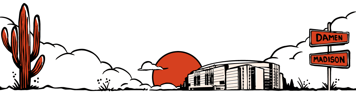 Clouds and a sunrise behind a music venue with signs that read "Damen" and "Madison"