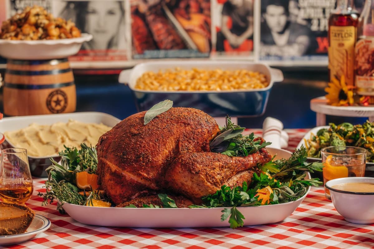 turkey, mashed potatoes and mac 'n cheese on a red and white checkered table cloth